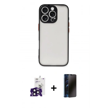 MARSİLYAN™- iPhone 16 Pro Max Kılıf Ahenk Çizgi Serisi - Siyah 3D Antistatik Hayalet Cam Ekran Koruyucu + Bilvis Titan Kamera Lens - SH