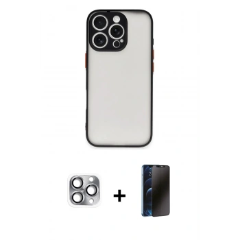 MARSİLYAN™- iPhone 16 Pro Max Kılıf Ahenk Çizgi Serisi - Siyah 3D Antistatik Hayalet Cam Ekran Koruyucu + Pers Alüminyum Kamera Lens - GI