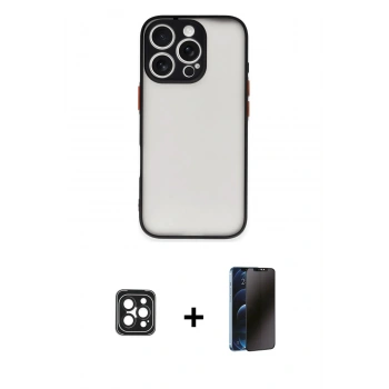 MARSİLYAN™- iPhone 16 Pro Max Kılıf Ahenk Çizgi Serisi - Siyah 3D Antistatik Hayalet Cam Ekran Koruyucu + PVD Metal Kamera Lens - SH