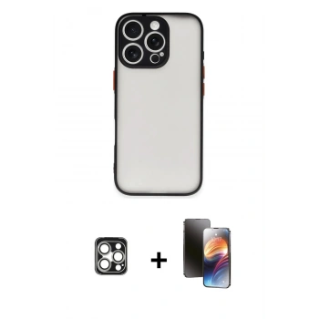 MARSİLYAN™- iPhone 16 Pro Max Kılıf Ahenk Çizgi Serisi - Siyah 3D Antistatik Mat Seramik Nano Ekran Koruyucu + PVD Metal Kamera Lens - GS