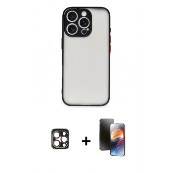 MARSİLYAN™- iPhone 16 Pro Max Kılıf Ahenk Çizgi Serisi - Siyah 3D Antistatik Mat Seramik Nano Ekran Koruyucu + PVD Metal Kamera Lens - GD