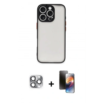 MARSİLYAN™- iPhone 16 Pro Max Kılıf Ahenk Çizgi Serisi - Siyah 3D Antistatik Mat Seramik Nano Ekran Koruyucu + Pers Alüminyum Kamera Lens - GI