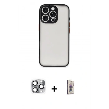 MARSİLYAN™- iPhone 16 Pro Max Kılıf Ahenk Çizgi Serisi - Siyah Bilvis 3D Cam Ekran Koruyucu + Pers Alüminyum Kamera Lens - GI