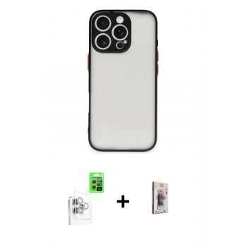 MARSİLYAN™- iPhone 16 Pro Max Kılıf Ahenk Çizgi Serisi - Siyah Bilvis 3D Cam Ekran Koruyucu + Raze Metal Kamera Lens - BZ