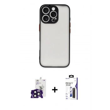 MARSİLYAN™- iPhone 16 Pro Max Kılıf Ahenk Çizgi Serisi - Siyah Bilvis 3X AR Hayalet Cam Ekran Koruyucu + Bilvis Titan Kamera Lens - SH
