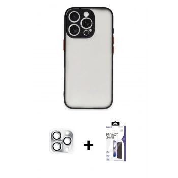 MARSİLYAN™- iPhone 16 Pro Max Kılıf Ahenk Çizgi Serisi - Siyah Bilvis 3X AR Hayalet Cam Ekran Koruyucu + Pers Alüminyum Kamera Lens - GS