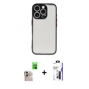 MARSİLYAN™- iPhone 16 Pro Max Kılıf Ahenk Çizgi Serisi - Siyah Bilvis 3X AR Hayalet Cam Ekran Koruyucu + Raze Metal Kamera Lens - NLGY