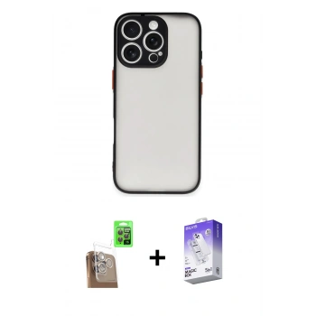 MARSİLYAN™- iPhone 16 Pro Max Kılıf Ahenk Çizgi Serisi - Siyah Bilvis 5in1 3D Magic Cam Ekran Koruyucu + Raze Metal Kamera Lens - CLTM