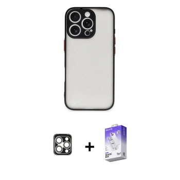 MARSİLYAN™- iPhone 16 Pro Max Kılıf Ahenk Çizgi Serisi - Siyah Bilvis 5in1 3D Magic Cam Ekran Koruyucu + PVD Metal Kamera Lens - GS