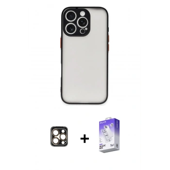 MARSİLYAN™- iPhone 16 Pro Max Kılıf Ahenk Çizgi Serisi - Siyah Bilvis 5in1 3D Magic Cam Ekran Koruyucu + PVD Metal Kamera Lens - GD