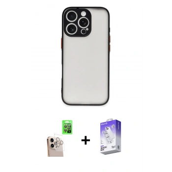 MARSİLYAN™- iPhone 16 Pro Max Kılıf Ahenk Çizgi Serisi - Siyah Bilvis 5in1 3D Magic Cam Ekran Koruyucu + Raze Metal Kamera Lens - NLGY