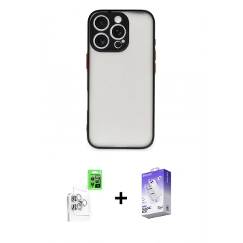 MARSİLYAN™- iPhone 16 Pro Max Kılıf Ahenk Çizgi Serisi - Siyah Bilvis 5in1 3D Magic Cam Ekran Koruyucu + Raze Metal Kamera Lens - BZ
