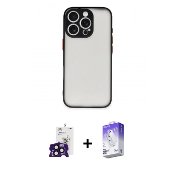 MARSİLYAN™- iPhone 16 Pro Max Kılıf Ahenk Çizgi Serisi - Siyah Bilvis 5in1 3D Magic Cam Ekran Koruyucu + Bilvis Titan Kamera Lens - SH