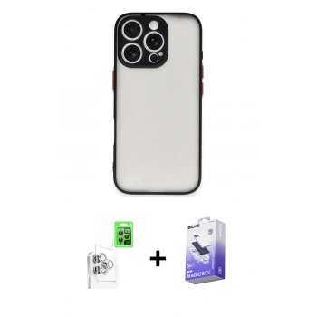 MARSİLYAN™- iPhone 16 Pro Max Kılıf Ahenk Çizgi Serisi - Siyah Bilvis 5in1 5D Magic Hayalet Cam Ekran Koruyucu + Raze Metal Kamera Lens - BZ