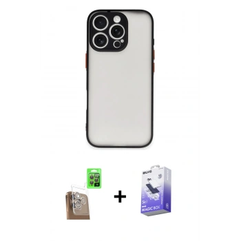 MARSİLYAN™- iPhone 16 Pro Max Kılıf Ahenk Çizgi Serisi - Siyah Bilvis 5in1 5D Magic Hayalet Cam Ekran Koruyucu + Raze Metal Kamera Lens - CLTM