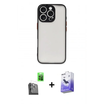 MARSİLYAN™- iPhone 16 Pro Max Kılıf Ahenk Çizgi Serisi - Siyah Bilvis 5in1 5D Magic Hayalet Cam Ekran Koruyucu + Raze Metal Kamera Lens - SH