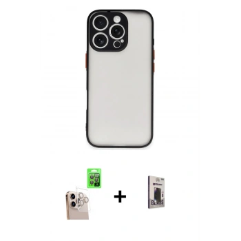 MARSİLYAN™- iPhone 16 Pro Max Kılıf Ahenk Çizgi Serisi - Siyah Bilvis Hayalet Cam Ekran Koruyucu + Raze Metal Kamera Lens - NLGY