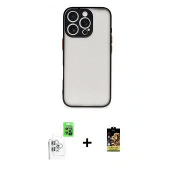 MARSİLYAN™- iPhone 16 Pro Max Kılıf Ahenk Çizgi Serisi - Siyah Buffer Cam Ekran Koruyucu + Raze Metal Kamera Lens - BZ