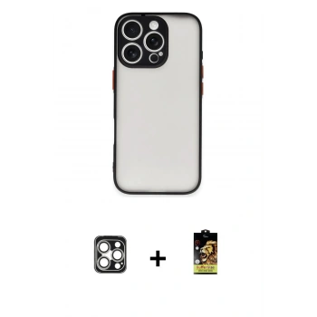 MARSİLYAN™- iPhone 16 Pro Max Kılıf Ahenk Çizgi Serisi - Siyah Buffer Cam Ekran Koruyucu + PVD Metal Kamera Lens - GS