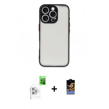 MARSİLYAN™- iPhone 16 Pro Max Kılıf Ahenk Çizgi Serisi - Siyah Buffer Hayalet Cam Ekran Koruyucu + Raze Metal Kamera Lens - BZ