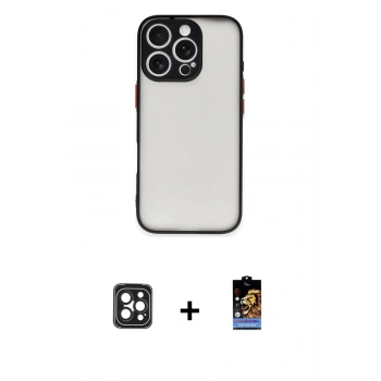 MARSİLYAN™- iPhone 16 Pro Max Kılıf Ahenk Çizgi Serisi - Siyah Buffer Hayalet Cam Ekran Koruyucu + PVD Metal Kamera Lens - SH