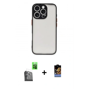MARSİLYAN™- iPhone 16 Pro Max Kılıf Ahenk Çizgi Serisi - Siyah Buffer Hayalet Cam Ekran Koruyucu + Raze Metal Kamera Lens - SH