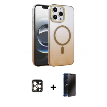 MARSİLYAN™- iPhone 16 Pro Max Kılıf Ahenk Doku Özel Seri - Siyah 3D Antistatik Hayalet Cam Ekran Koruyucu + PVD Metal Kamera Lens - GD