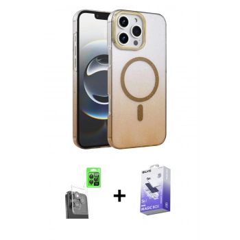 MARSİLYAN™- iPhone 16 Pro Max Kılıf Ahenk Doku Özel Seri - Siyah Bilvis 5in1 5D Magic Hayalet Cam Ekran Koruyucu + Raze Metal Kamera Lens - SH