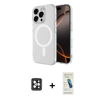 MARSİLYAN™- iPhone 16 Pro Max Kılıf Ahenk Yansıma Prime - Şeffaf Pasifik Cam Ekran Koruyucu + PVD Metal Kamera Lens - SH