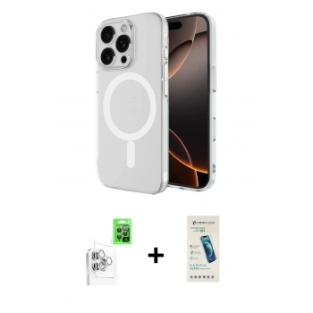 MARSİLYAN™- iPhone 16 Pro Max Kılıf Ahenk Yansıma Prime - Şeffaf Pasifik Cam Ekran Koruyucu + Raze Metal Kamera Lens - BZ