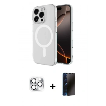 MARSİLYAN™- iPhone 16 Pro Max Kılıf Ahenk Yansıma Prime - Siyah 3D Antistatik Hayalet Cam Ekran Koruyucu + Pers Alüminyum Kamera Lens - GS