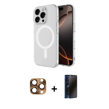 MARSİLYAN™- iPhone 16 Pro Max Kılıf Ahenk Yansıma Prime - Siyah 3D Antistatik Hayalet Cam Ekran Koruyucu + Pers Alüminyum Kamera Lens - CLTM