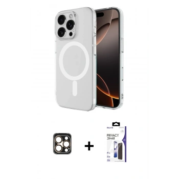 MARSİLYAN™- iPhone 16 Pro Max Kılıf Ahenk Yansıma Prime - Siyah Bilvis 3X AR Hayalet Cam Ekran Koruyucu + PVD Metal Kamera Lens - GD