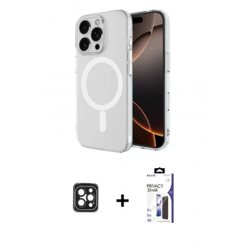 MARSİLYAN™- iPhone 16 Pro Max Kılıf Ahenk Yansıma Prime - Siyah Bilvis 3X AR Hayalet Cam Ekran Koruyucu + PVD Metal Kamera Lens - SH