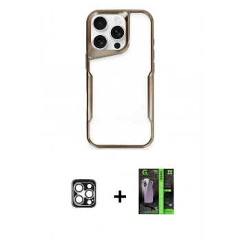 MARSİLYAN™- iPhone 16 Pro Max Kılıf Akış Çizgi Koleksiyonu - Şeffaf 360 Full Body Arka Koruyucu + PVD Metal Kamera Lens - GS