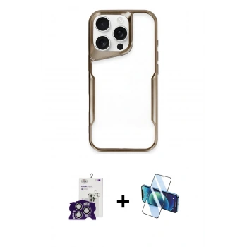 MARSİLYAN™- iPhone 16 Pro Max Kılıf Akış Çizgi Koleksiyonu - Siyah 3D Antistatik Cam Ekran Koruyucu + Bilvis Titan Kamera Lens - GS