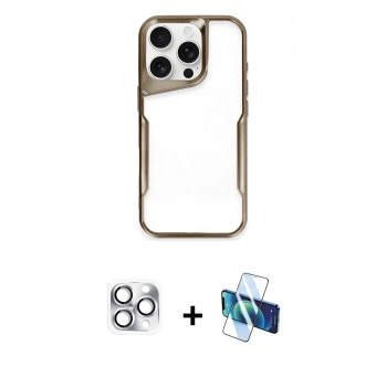 MARSİLYAN™- iPhone 16 Pro Max Kılıf Akış Çizgi Koleksiyonu - Siyah 3D Antistatik Cam Ekran Koruyucu + Pers Alüminyum Kamera Lens - GS