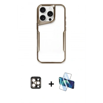 MARSİLYAN™- iPhone 16 Pro Max Kılıf Akış Çizgi Koleksiyonu - Siyah 3D Antistatik Cam Ekran Koruyucu + PVD Metal Kamera Lens - GD