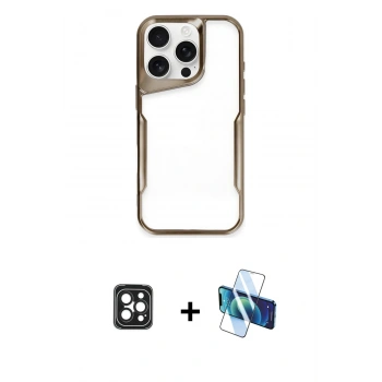 MARSİLYAN™- iPhone 16 Pro Max Kılıf Akış Çizgi Koleksiyonu - Siyah 3D Antistatik Cam Ekran Koruyucu + PVD Metal Kamera Lens - SH