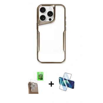 MARSİLYAN™- iPhone 16 Pro Max Kılıf Akış Çizgi Koleksiyonu - Siyah 3D Antistatik Cam Ekran Koruyucu + Raze Metal Kamera Lens - CLTM