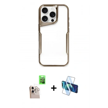 MARSİLYAN™- iPhone 16 Pro Max Kılıf Akış Çizgi Koleksiyonu - Siyah 3D Antistatik Cam Ekran Koruyucu + Raze Metal Kamera Lens - NLGY
