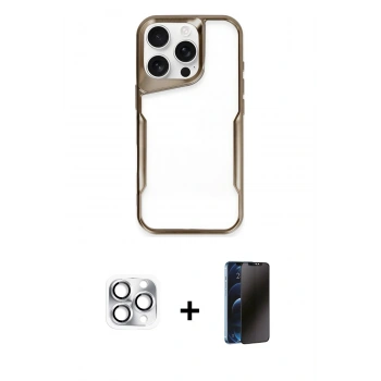 MARSİLYAN™- iPhone 16 Pro Max Kılıf Akış Çizgi Koleksiyonu - Siyah 3D Antistatik Hayalet Cam Ekran Koruyucu + Pers Alüminyum Kamera Lens - GS