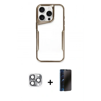 MARSİLYAN™- iPhone 16 Pro Max Kılıf Akış Çizgi Koleksiyonu - Siyah 3D Antistatik Hayalet Cam Ekran Koruyucu + Pers Alüminyum Kamera Lens - GI