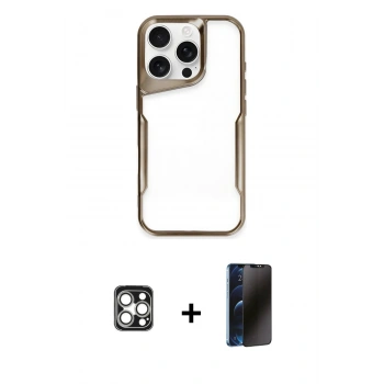 MARSİLYAN™- iPhone 16 Pro Max Kılıf Akış Çizgi Koleksiyonu - Siyah 3D Antistatik Hayalet Cam Ekran Koruyucu + PVD Metal Kamera Lens - GS
