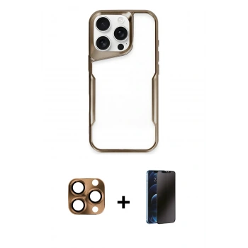 MARSİLYAN™- iPhone 16 Pro Max Kılıf Akış Çizgi Koleksiyonu - Siyah 3D Antistatik Hayalet Cam Ekran Koruyucu + Pers Alüminyum Kamera Lens - CLTM