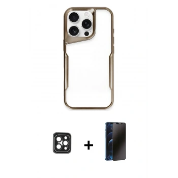MARSİLYAN™- iPhone 16 Pro Max Kılıf Akış Çizgi Koleksiyonu - Siyah 3D Antistatik Hayalet Cam Ekran Koruyucu + PVD Metal Kamera Lens - SH