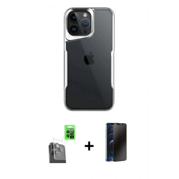 MARSİLYAN™- iPhone 16 Pro Max Kılıf Akış Çizgi Koleksiyonu - Siyah 3D Antistatik Hayalet Cam Ekran Koruyucu + Raze Metal Kamera Lens - SH