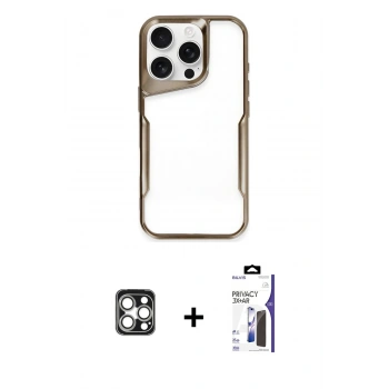 MARSİLYAN™- iPhone 16 Pro Max Kılıf Akış Çizgi Koleksiyonu - Siyah Bilvis 3X AR Hayalet Cam Ekran Koruyucu + PVD Metal Kamera Lens - GS