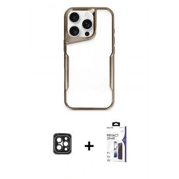 MARSİLYAN™- iPhone 16 Pro Max Kılıf Akış Çizgi Koleksiyonu - Siyah Bilvis 3X AR Hayalet Cam Ekran Koruyucu + PVD Metal Kamera Lens - SH