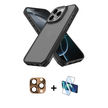 MARSİLYAN™- iPhone 16 Pro Max Kılıf Atlas Form - Siyah 3D Antistatik Cam Ekran Koruyucu + Pers Alüminyum Kamera Lens - CLTM